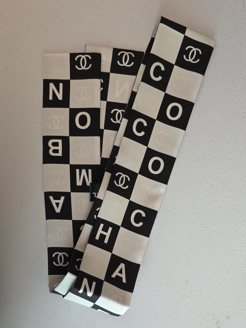 CHANEL Black and White Checkerboard Logo Twilly